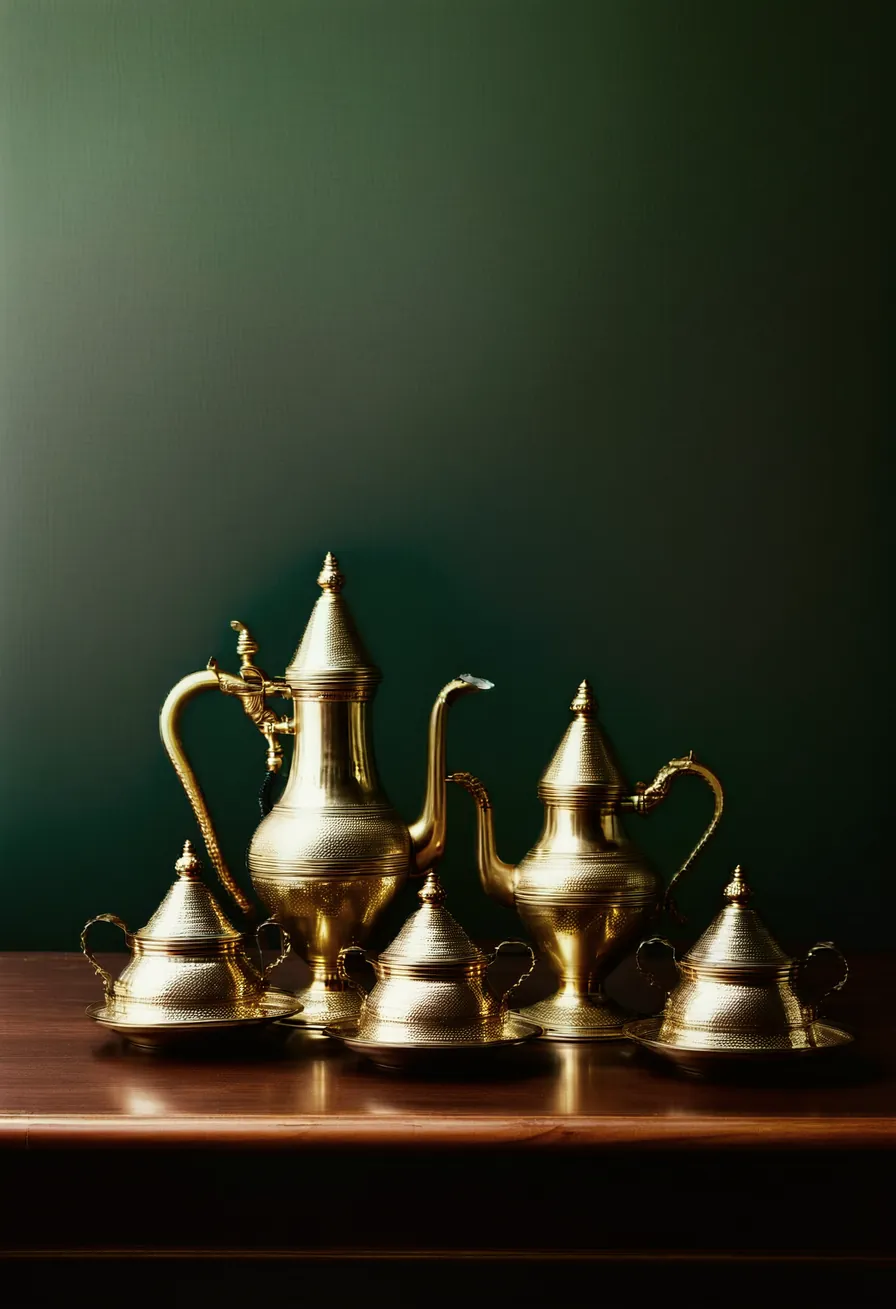 A brass dallah and finjan cups set out for a majlis of condolence