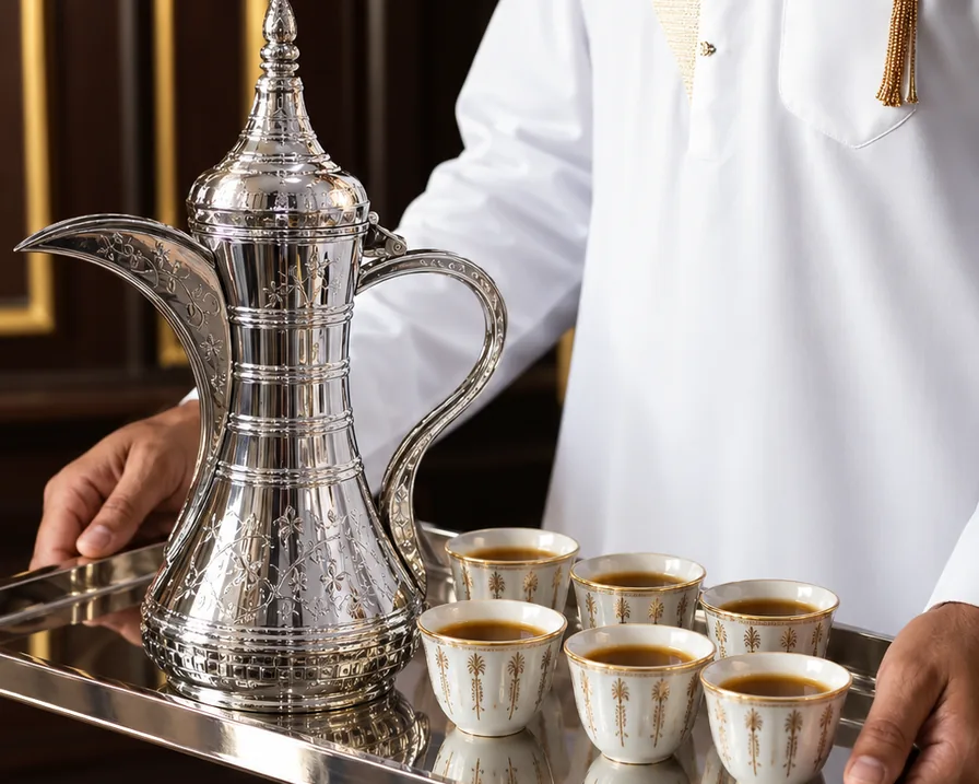 A tray of Arabic coffee carried into a majlis